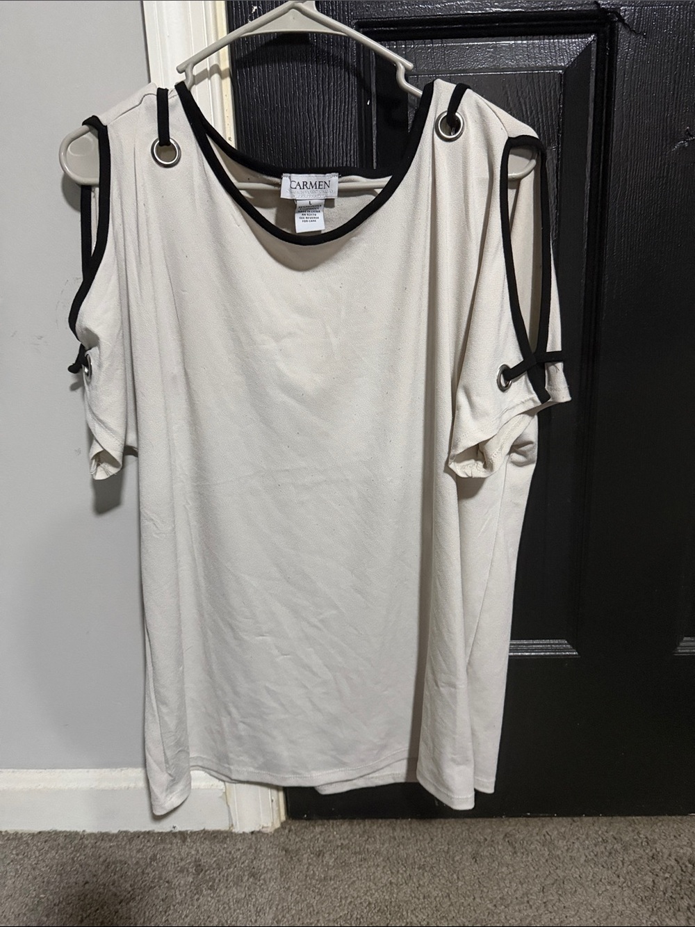 Carmen Cream Cold-Shoulder Blouse with Black Trim